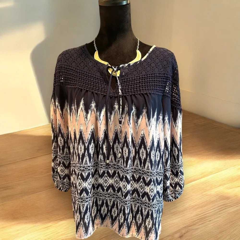 Jolt M Boho Peasant Aztec 3/4 Sleeve Lace Insert Top Blouse  Navy‎ Blue Pink